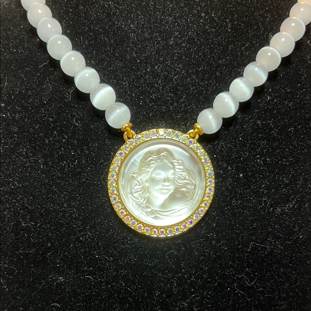 Mother-of-Pearl Cameo Necklace with White Beads- Kirk’s Folly Inspired 16”